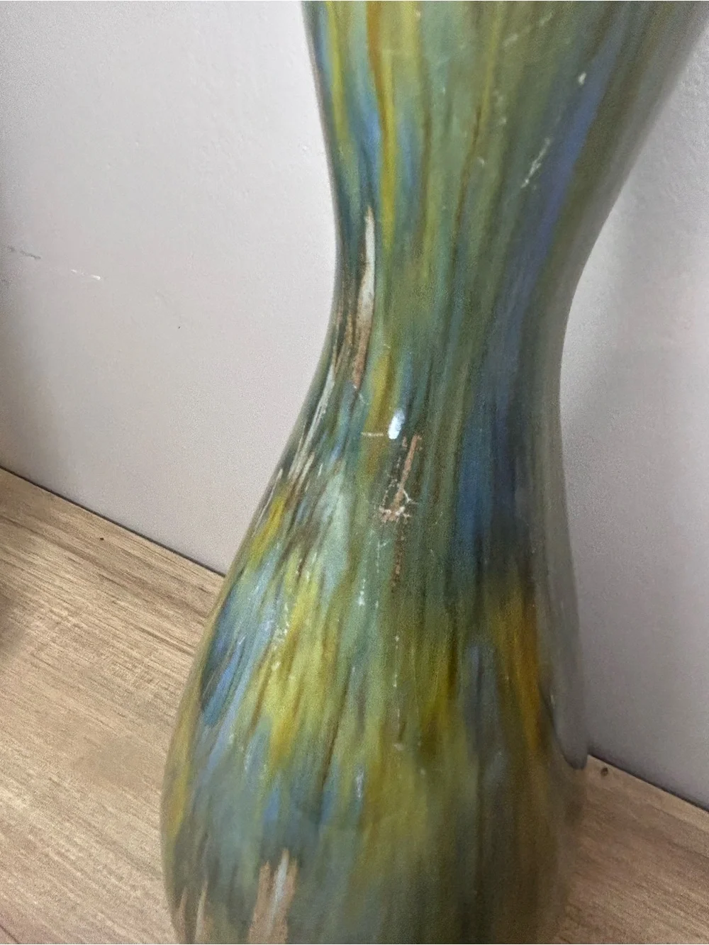 Vintage Green and Yellow Drip-Glaze Hourglass Vase
